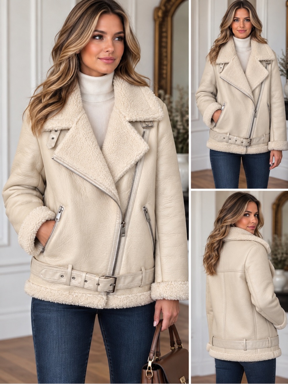 Genuine Lambskin Leather Ivory Sherpa Aviator Moto Jacket